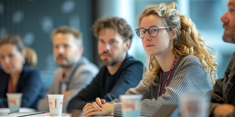 Poster - Group of people sitting at a table with drinks in front of them and looking at something on the table
