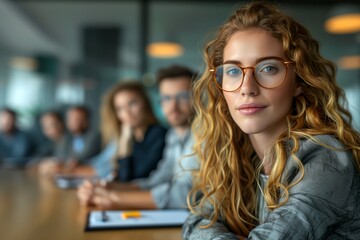 Poster - Group of people sitting at a table with glasses on it and one woman looking at the camera with a serious look on her face