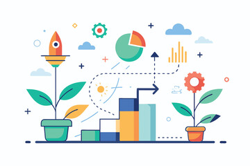 Poster - Graphic showing a plant growing on a bar chart, representing business growth using design concept elements, Business growth instructions design concept, Simple and minimalist flat Vector Illustration