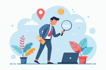 Poster - man holding magnifying glass in front of laptop, business man is looking for a solution on the inter