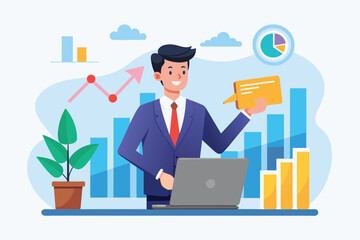 Poster - a man holding a credit card while using a laptop, business man presenting growth data on laptop, sim