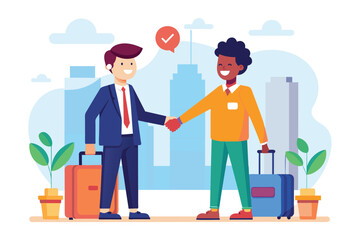 Poster - Two people shake hands in front of a cityscape, symbolizing a business partnership agreement, business partners with handshake luggage, Simple and minimalist flat Vector Illustration