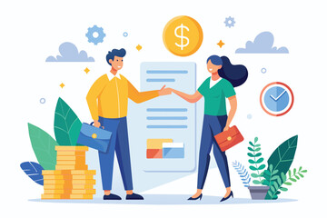 Poster - Two business partners sealing a deal by shaking hands over a contract document, Business people shaking hands with contract papers and dollars trending, Simple and minimalist flat Vector Illustration