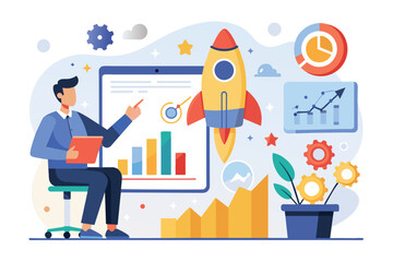 Canvas Print - Man Analyzing Data on Monitor With Rocket, Business presentation with rocket and data analyst trending, Simple and minimalist flat Vector Illustration