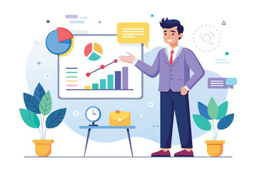 Poster - A man stands in front of a whiteboard, presenting graphs in a business prospect presentation, Business prospect presentation, Simple and minimalist flat Vector Illustration