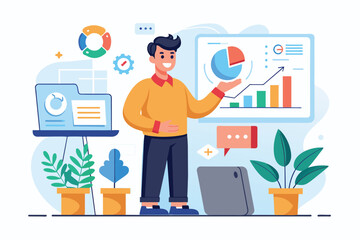 Poster - Man Analyzing Graphs on Whiteboard, Business prospect presentation trending, Simple and minimalist flat Vector Illustration