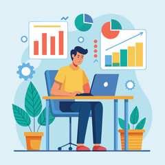 Canvas Print - A man sits at a desk, analyzing business statistical data on a laptop screen, graphical analysis of growth data, Simple and minimalist flat Vector Illustration