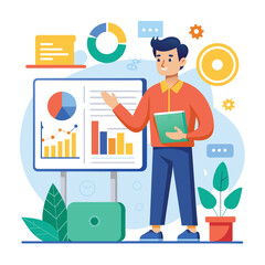 Poster - A man standing in front of a whiteboard displaying graphs for business training, Business training, presenting charts and reports, Simple and minimalist flat Vector Illustration