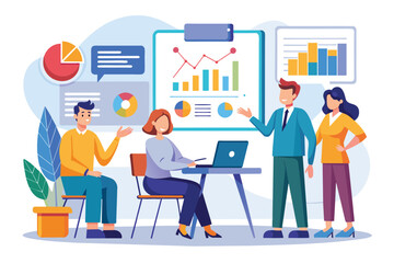 Poster - group of people analyzing data on laptop, business training, presenting charts and reports, simple a