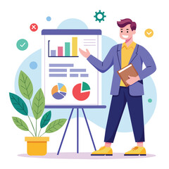 Poster - A man stands in front of a poster displaying business training charts and reports, Business training, presenting charts and reports, Simple and minimalist flat Vector Illustration