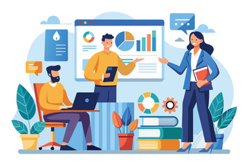 Poster - A group of people presenting business charts and reports in front of a whiteboard, Business training, presenting charts and reports, Simple and minimalist flat Vector Illustration