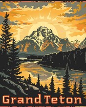 Vintage Poster Grand Teton National Park, Mountains, Forest Trees, River, Wyoming Day
