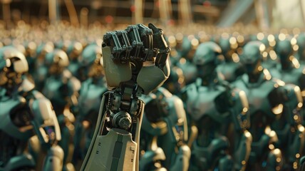 Poster - Army of Robots Prepared for Deployment - An army of identical robots raises a fist in unity, showcasing advanced technology