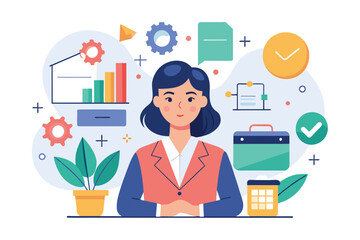 Poster - Woman Organizing Office Supplies at Desk, business woman and project planning, project management, Simple and minimalist flat Vector Illustration