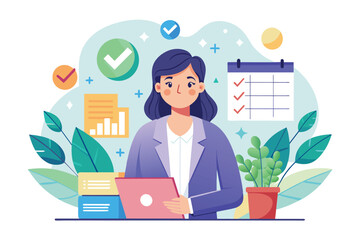 Poster - a woman working at a desk with a laptop computer, engaged in project planning and management, busine