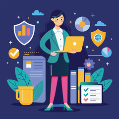 Poster - a woman in business attire standing in front of a laptop computer, business woman protecting busines