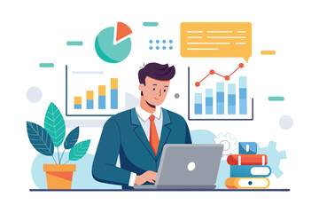 Poster - A man, likely a businessman, sits at a desk analyzing company charts on a laptop, businessman analyzing company charts on laptop, Simple and minimalist flat Vector Illustration