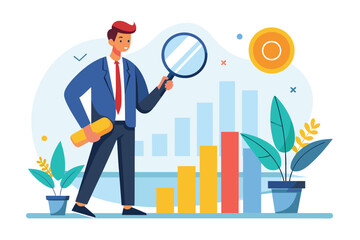 Poster - man analyzing bar chart with magnifying glass, businessman investment data analysis with magnifying 
