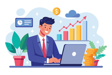 Poster - A man seated at a desk, using a laptop for online investment purposes, businessman investing money online with investment growth report, Simple and minimalist flat Vector Illustration