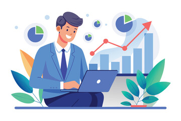 Poster - Businessman Analyzing Profit Graph on Laptop, Businessman invests capital analyzes profit graph, stock trading investment, Simple and minimalist flat Vector Illustration