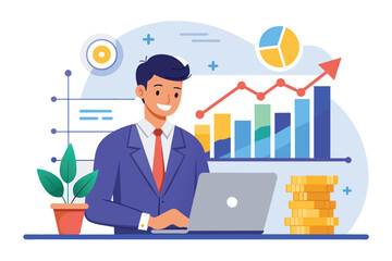 Poster - businessman analyzing profit graph on laptop, businessman invests capital analyzes profit graph, sto