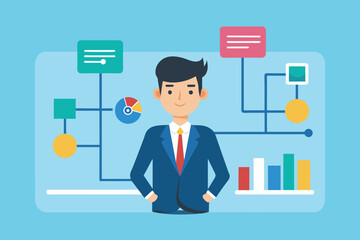 Poster - a man in a suit stands in front of a detailed diagram, analyzing and strategizing, businessman with 