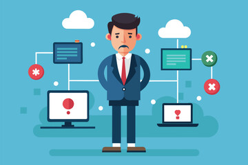 Poster - A businessman stands in front of computer monitors that display network errors, Businessman with network error computer, Simple and minimalist flat Vector Illustration