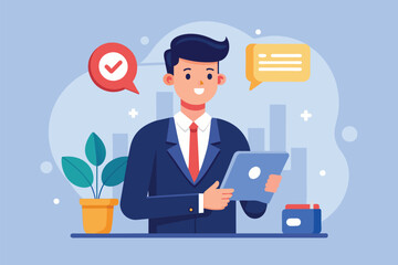 Poster - A man in a suit holds a tablet displaying a trending notification, Businessman with tablet and notification trending, Simple and minimalist flat Vector Illustration