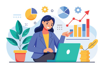 Poster - A woman is sitting at a desk, focused on analyzing her companys growth data on a laptop, Businesswoman is analyzing her company growth data, Simple and minimalist flat Vector Illustration