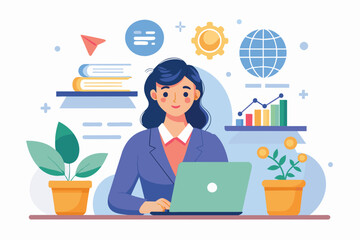 Poster - A businesswoman sitting at a desk, using a laptop for learning about business on the web, businesswoman learning business on the web, Simple and minimalist flat Vector Illustration