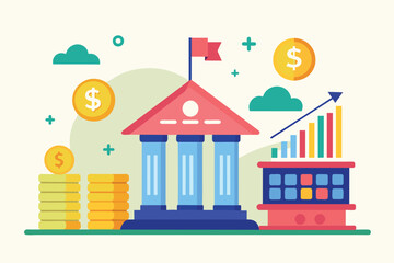 Canvas Print - A building displaying stacks of coins next to a flag, symbolizing financial growth and national pride, Calculating the growth of bank money, Simple and minimalist flat Vector Illustration