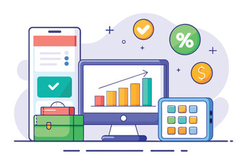 Poster - A computer and tablet side by side, both showing a chart of online market sales data, Calculation of online market sales, Simple and minimalist flat Vector Illustration