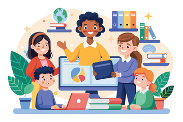 Poster - Diverse group of individuals gathered around a computer screen, engaged in learning or collaboration, Children learn with teachers onlineconcept flat illustration