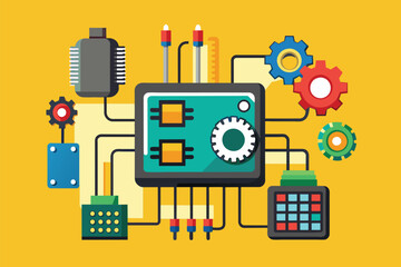 Poster - a computer is placed among a variety of different items, chipset repair service, simple and minimali