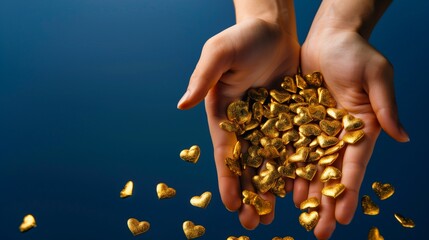 Golden Hearts Spilling Over from a Cupped Pair of Hands on a Deep Blue Background, Symbolizing Donations and Love for Cardiology