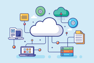 Sticker - A cloud with multiple devices connected for data management and synchronization, cloud data management and synchronization, Simple and minimalist flat Vector Illustration