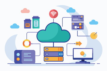 Poster - A cloud surrounded by multiple devices for data management and synchronization, cloud data management and synchronization, Simple and minimalist flat Vector Illustration