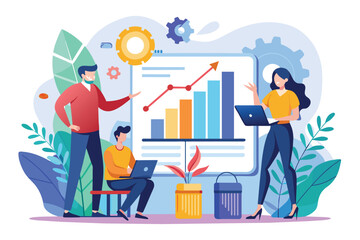 Poster - Colleagues standing in front of a growth chart, discussing data and analysis, colleagues analyse growth data, Simple and minimalist flat Vector Illustration