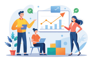 Poster - Group of colleagues standing in front of a whiteboard, analyzing growth charts, colleagues analysing growth charts, Simple and minimalist flat Vector Illustration