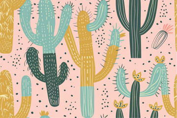 Poster - cute trendy hand drawn cactus seamless pattern background