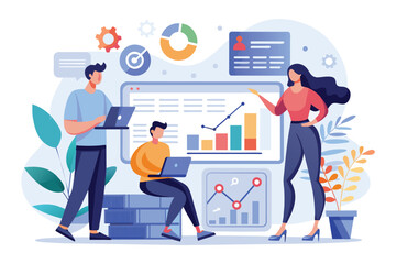 Poster - Group of People Analyzing Data on Computer Screen, Company employees are inputting data trending, Simple and minimalist flat Vector Illustration