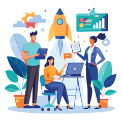 Aufkleber - Group of employees gathered around a laptop, discussing work projects, Company employees present work launch projects, Simple and minimalist flat Vector Illustration