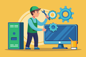 Poster - A man is using a wrench to repair a computer screen, Computer technician repairing computer screen with gear and wrench, Simple and minimalist flat Vector Illustration