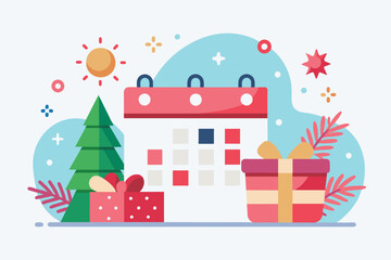 Sticker - A house surrounded by Christmas trees and presents, creating a festive and joyful atmosphere, concept holiday date, Simple and minimalist flat Vector Illustration