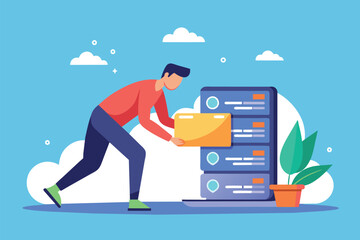 Poster - a man is pushing a large stack of folders in a busy office setting, concept of a man backing up or u