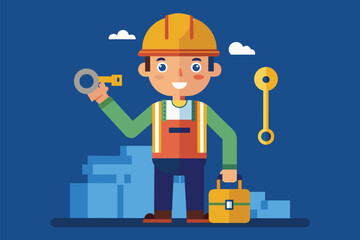 Aufkleber - A man in a hard hat holding a key on a construction site, construction worker holding keys, Simple and minimalist flat Vector Illustration