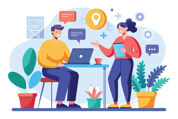 Poster - Two people are seated at a table, engrossed in their work projects on a laptop, Consult each other on work projects, Simple and minimalist flat Vector Illustration