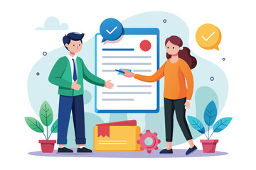 A man and a woman standing next to a large checklist, possibly discussing a contract agreement, contract agreement between two business people, Simple and minimalist flat Vector Illustration