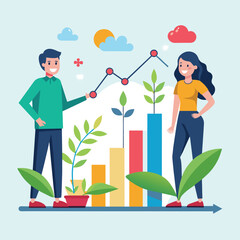Poster - A man and woman stand beside a bar graph, discussing and analyzing the data presented, Cooperation in analyzing growth charts, Simple and minimalist flat Vector Illustration