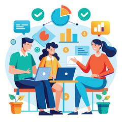 Sticker - Group of People Collaborating Around Laptop, Cooperation employee communication discussion partner business project, Simple and minimalist flat Vector Illustration